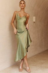 Morning Sun Cowl Neckline Asymmetrical Hem Midi Dress Olive