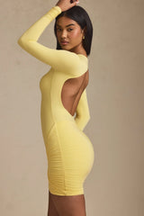 Twist-Front Ruched Backless Mini Dress in Pastel Yellow